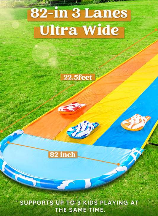 Sloosh 22.5ft x 84in/685.8*213.3cm Waves Triple Garden Water Slide, durable water slide with 3 bodyboards and sprinkler for kids and adults, summer water toy for the garden.