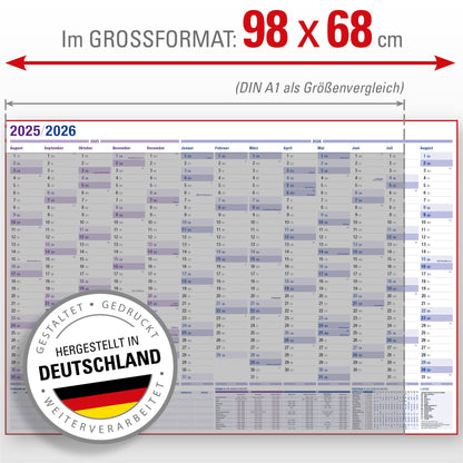 5-pack: Yohmoe® XXL wall calendar 2025 2026 in 98x68 cm format, folded. Ideal as a year planner 2025/26 or school year calendar 2025/2026 wall calendar.