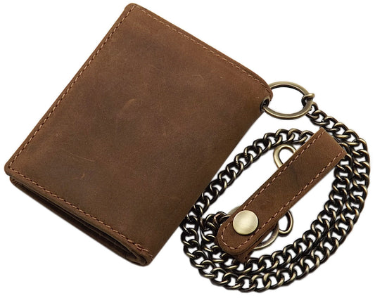 myledershop Genuine buffalo full grain leather vertical biker wallet/purse with metal chain and RFID & NFC protection (skull design/brown)