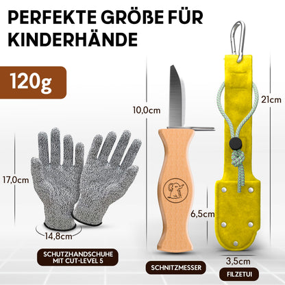 Eli® carving knife for children with felt bag for ages 6 and up - high-quality children's carving set including cut-resistant gloves - kids carving knife - carving tool - outdoor knife - yellow