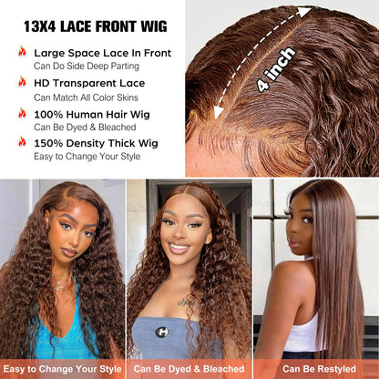 24 Inch Real Hair Wig 13x4 Transparent Lace Front Wig made of Human Hair for Black Women, Deep Wave Human Hair Wig in Brown Color, Curly Real Hair Wigs for Women with 150% Density 60cm.