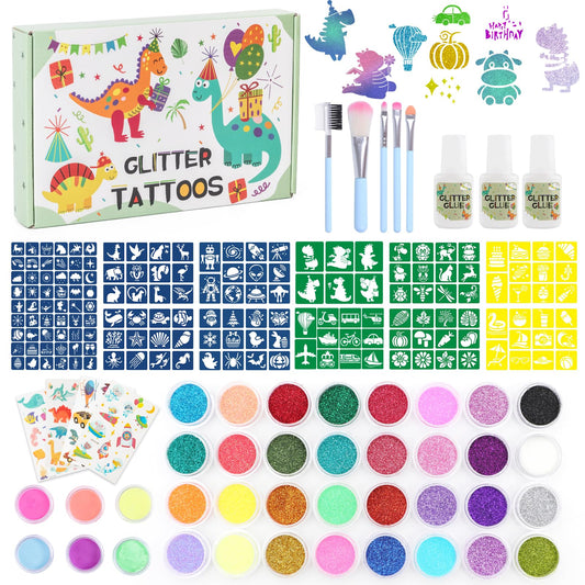 Highttoy Glitter Tattoo Set for Kids, 38 Colors Dino Glow Temporary Glitter Tattoos for Boys, 164 Stencils, 5 Brushes, 4 Child Tattoos, 3 Glues. Perfect gift for Birthday Party Halloween Christmas.