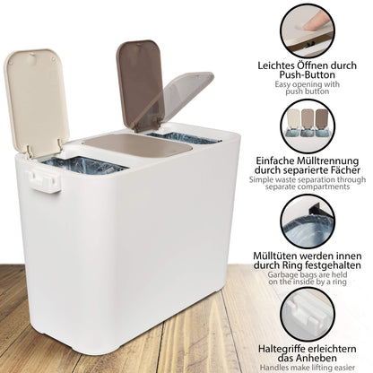ONVAYA® waste separation system Ben | Waste separation with multiple compartments | Trash can in cream-white | Waste bin for kitchen & bathroom (27 liters, cream-beige-brown)