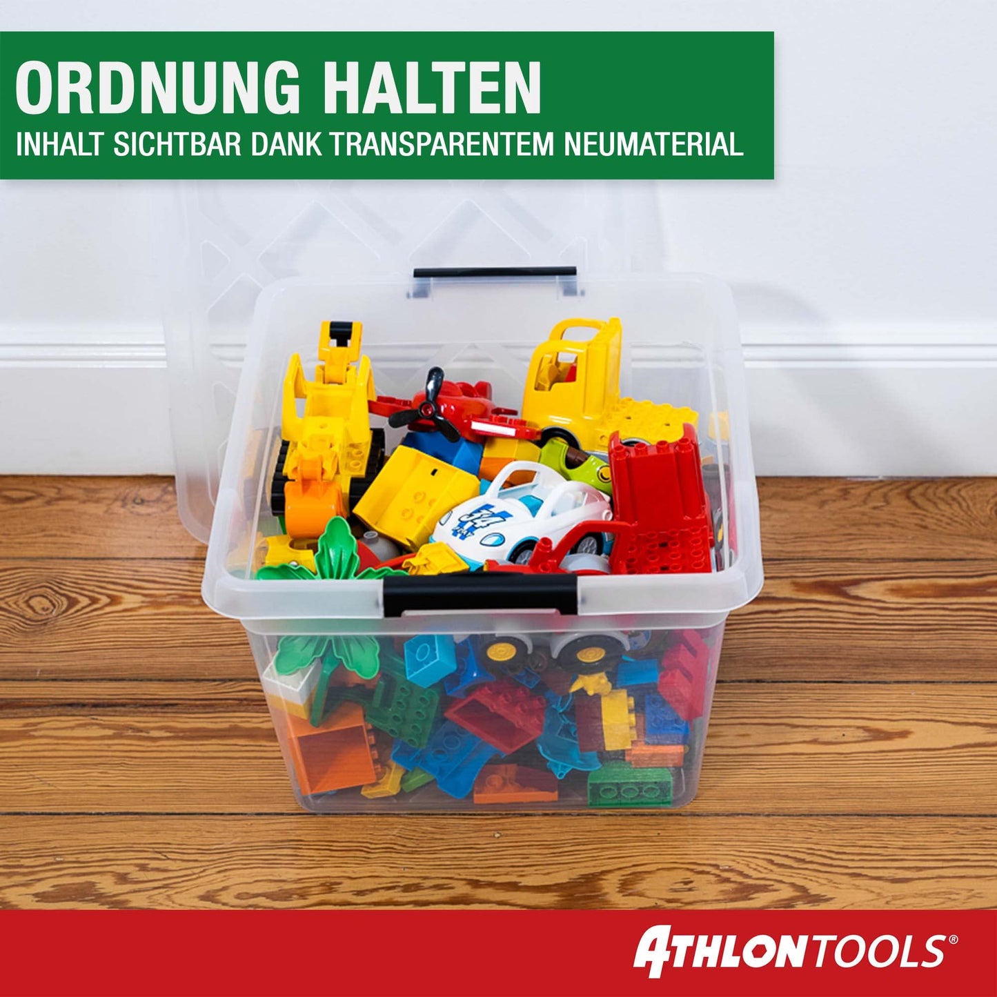 ATHLON TOOLS 4x 32 L Storage Boxes with Lid, food-safe - Closure Clips - 100% New Material Plastic Box transparent - Stackable Clothing Boxes…