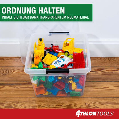 ATHLON TOOLS 4x 32 L Storage Boxes with Lid, food-safe - Closure Clips - 100% New Material Plastic Box transparent - Stackable Clothing Boxes…