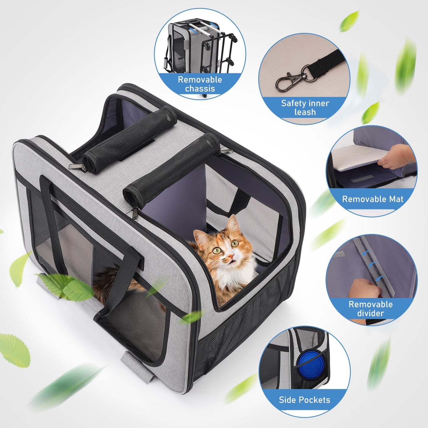 FASNATI Extra Large Cat Carrier for 2 cats up to 20kg, Foldable carriers for 2 cats with wheels, Large cat carrier for walks/camping, Grey.