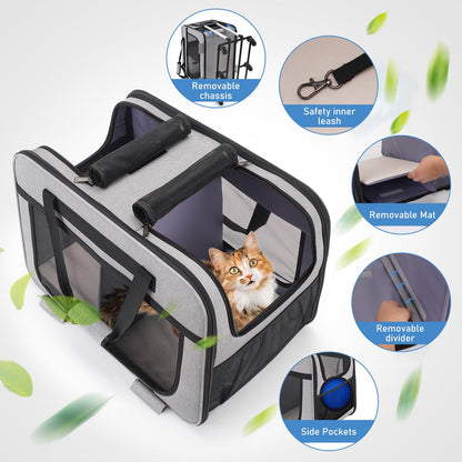 FASNATI Extra Large Cat Carrier for 2 cats up to 20kg, Foldable carriers for 2 cats with wheels, Large cat carrier for walks/camping, Grey.