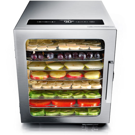 Arendo - Stainless steel food dehydrator 8 shelves - 500 watts with temperature control - Dehydrator for food, meat, fruits, vegetables, mushrooms - Timer up to 24 h - 8 trays - GS certified - Dehydrator