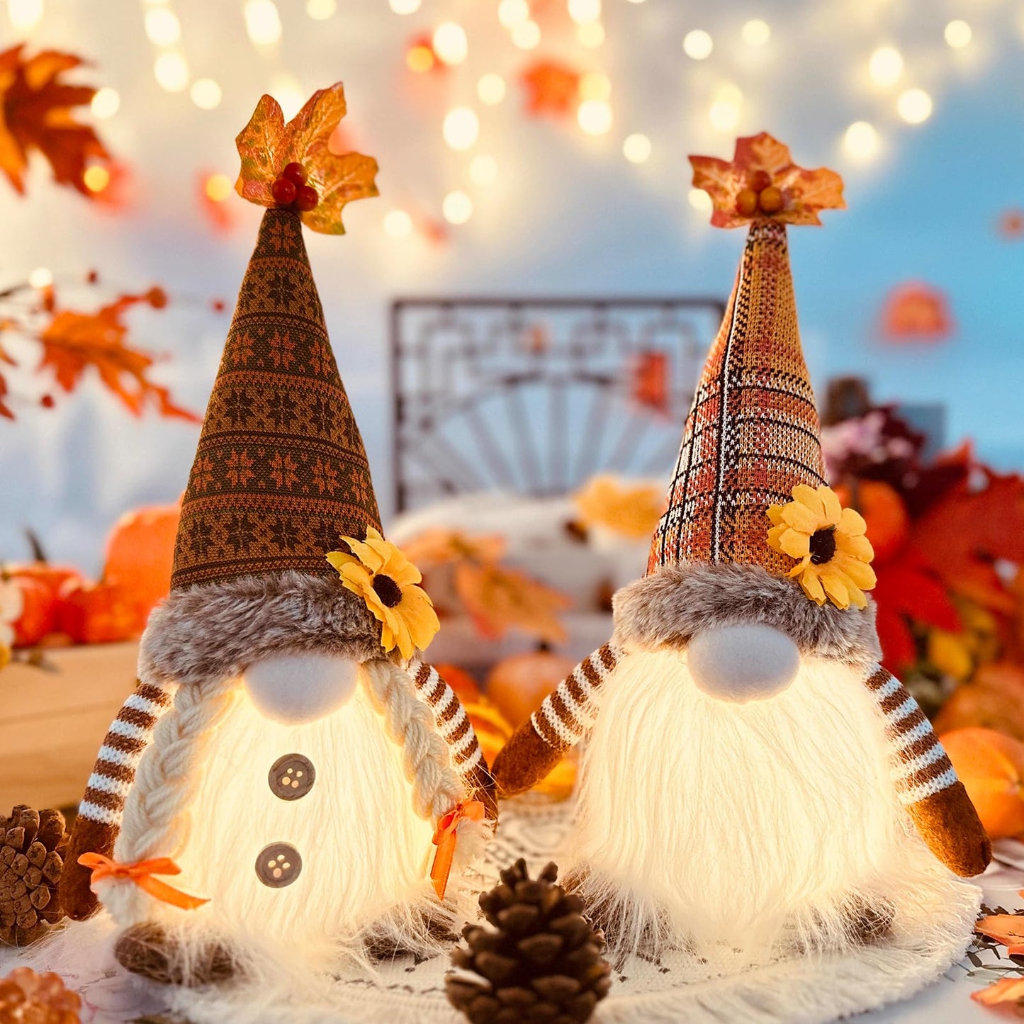 ACAREY Autumn Decor Gnomes with Light 2-Pack Large 35cm Plush Gnome Figures Halloween Decor with LED Christmas Decor Fall Harvest Illuminated Gnomes