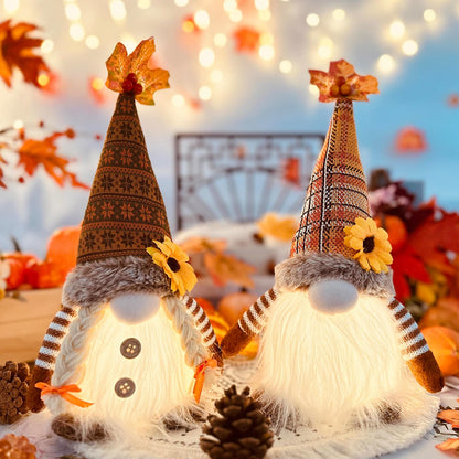 ACAREY Autumn Decor Gnomes with Light 2-Pack Large 35cm Plush Gnome Figures Halloween Decor with LED Christmas Decor Fall Harvest Illuminated Gnomes