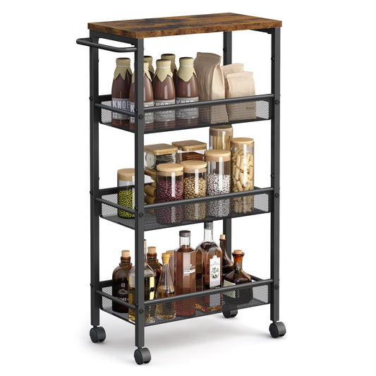 VASAGLE 4-Tier Narrow Kitchen Cart, Slim Rolling Utility Cart, Steel Frame, Handle, for Small Spaces, 8.7 x 17.9 x 30.3 Inches, Kitchen, Bathroom, Living Room, Office, Vintage Brown-Black LRC033B01
