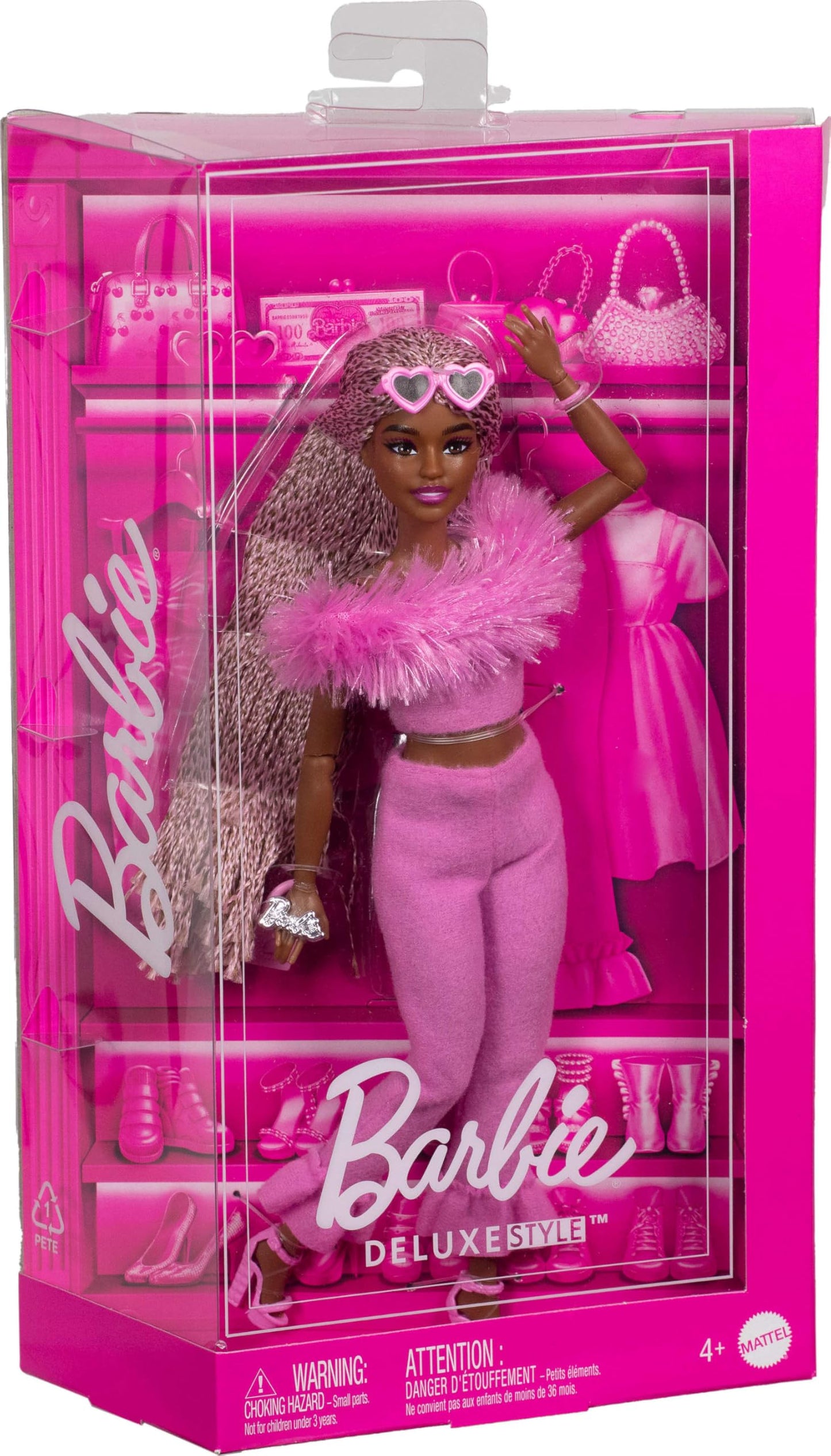 Barbie Deluxe Style Doll No. 4 with Barbiecore outfit, pink and brown braided pigtails, soft pink top with fuzzy collar and matching pants, plus accessories, HYV28.