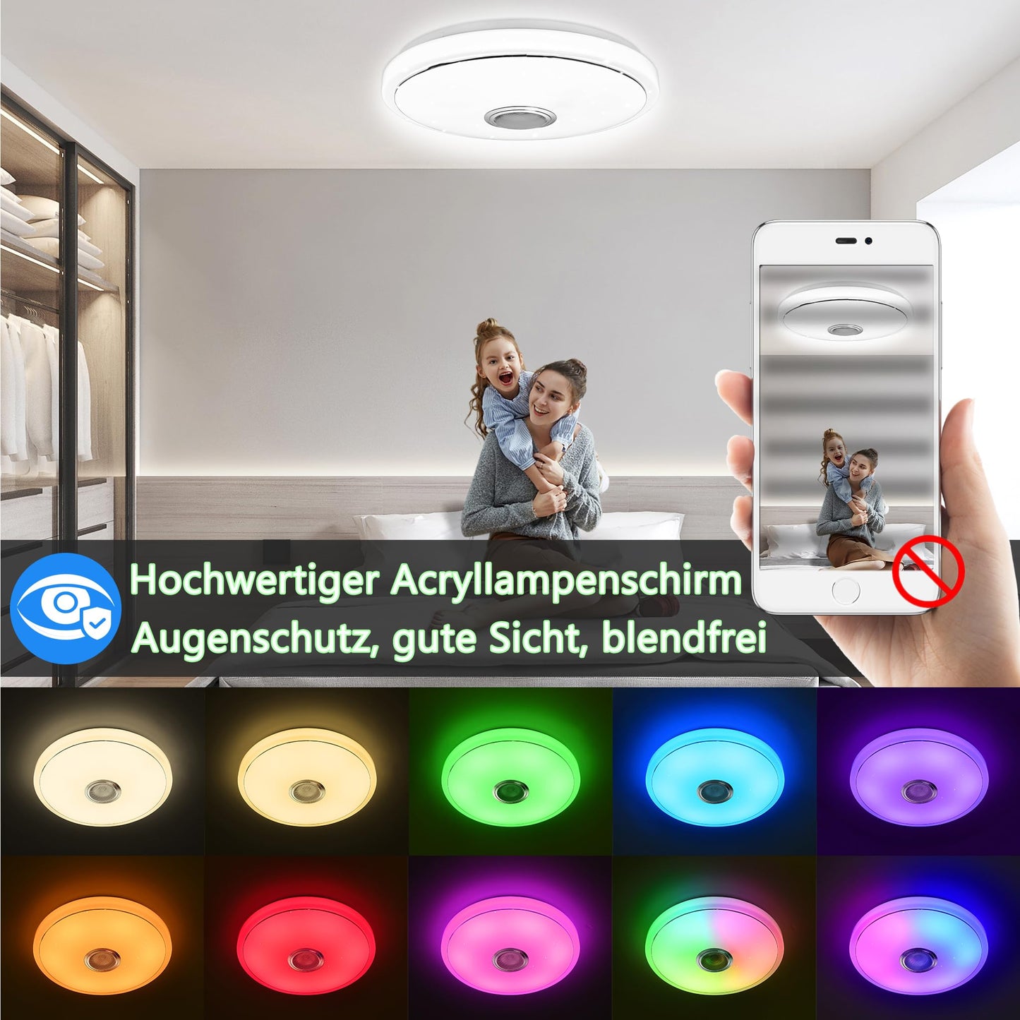 YRHome 48W LED Ceiling Light Dimmable with Bluetooth Speaker Ceiling Lamp Starry Sky RGB Color Changing with Remote Control or APP Control Music Playback for Bedroom Kids Room