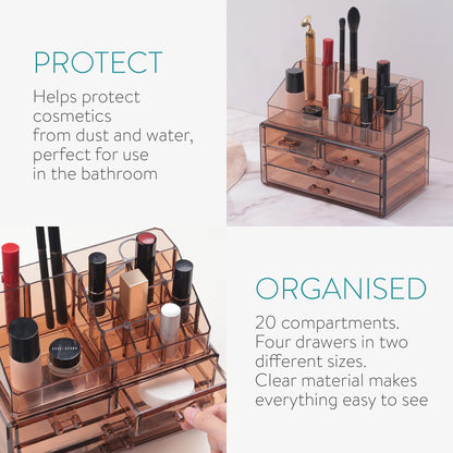 Navaris Makeup Storage Organizer - Cosmetic Storage Box made of transparent acrylic - Holder with drawers and compartments - 2in1 design - Brown