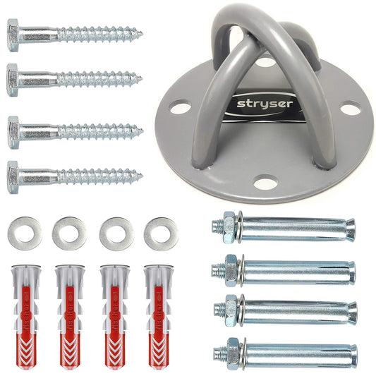 Stryser Wall-Ceiling Mount Wall Bracket in X for Sling Trainer Suspension Trainer Gym Rings Aerial Yoga Swing Battle Rope Boxing Equipment includes screws and dowels. (Silver 4 Holes)