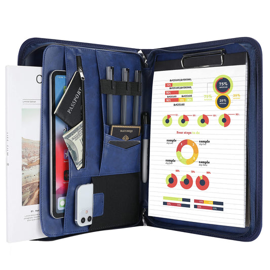 ProCase A4 Writing Pad PU Leather Conference Folder Portfolio with Zipper Clipboard Notepad Business Document Holder, lightweight, durable material - Navy