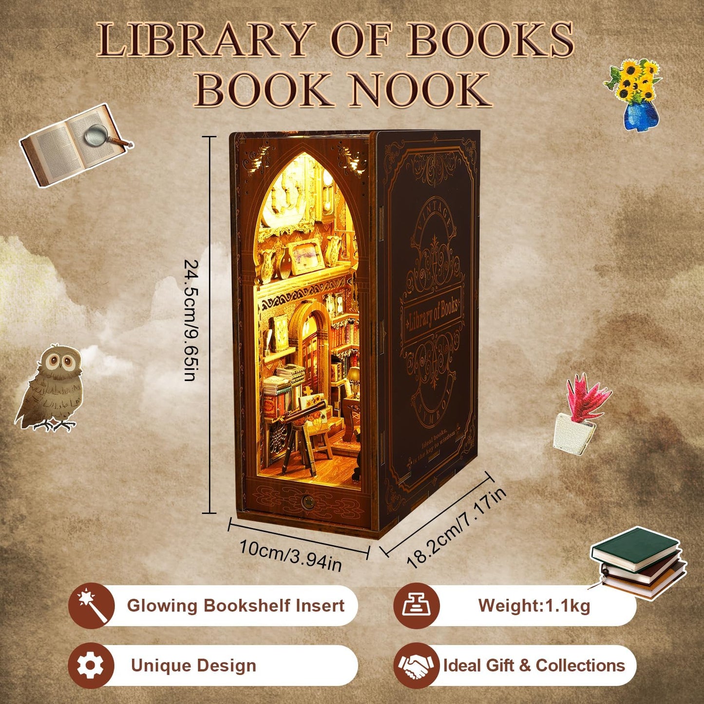 CRIOLPO Book Nook Kit - DIY dollhouse wooden miniature house kit, book corner kit for adults teens, 3D wooden puzzle bookshelf insert kits with sensor LED light (library of books), SL-06