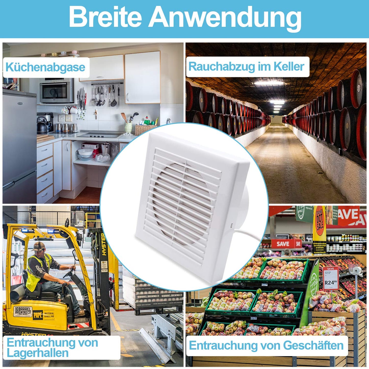 Randaco bathroom extractor fan Ø 100mm wall ventilator, kitchen toilet bathroom exhaust fan, quiet operation white ventilator.