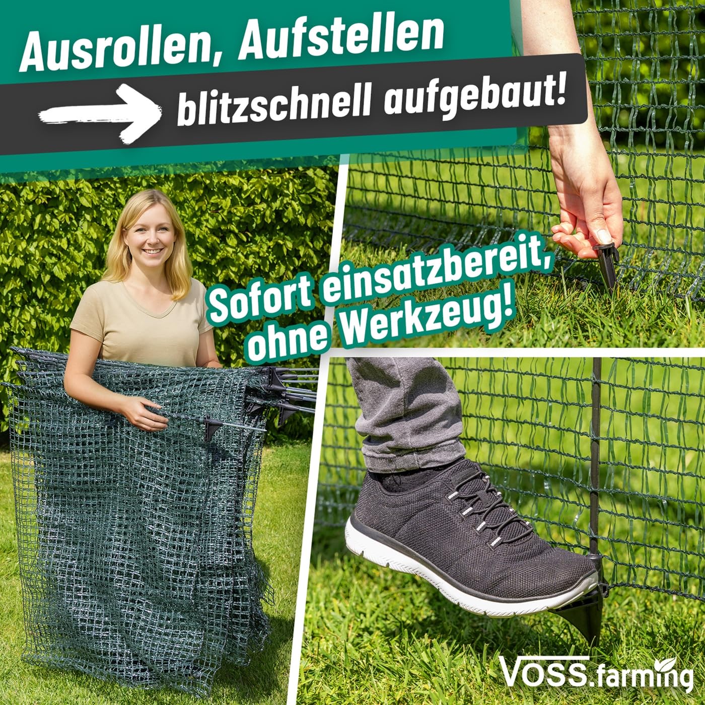 VOSS.farming 20m garden net, universal boundary fence, 80cm, 12 posts, dark green, dog fence, camping fence, garden protection.