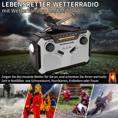 Solar radio, AM/FM portable crank radio dynamo emergency radio with 4000mAh rechargeable battery, LED flashlight, SOS alarm for camping, outdoor, emergency (Grey)