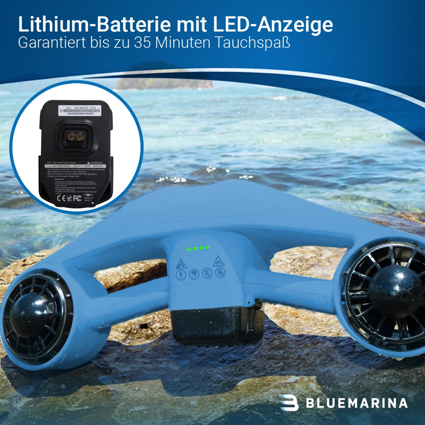Bluemarina Underwater Scooter Orca | Seascooter - 2 x 500 Watt motors - 3 speeds - Topspeed 5.4 km/h - Up to 30 meters diving depth - Sink protection - Diving - Underwater Scooter
