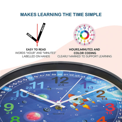 Kiddus Kids Wall Clock, Boys and Girls, Analog Learning Clock with Time Learning Exercises, Kids Clock No Ticking, Children's Room Silent, School, Clock hands English