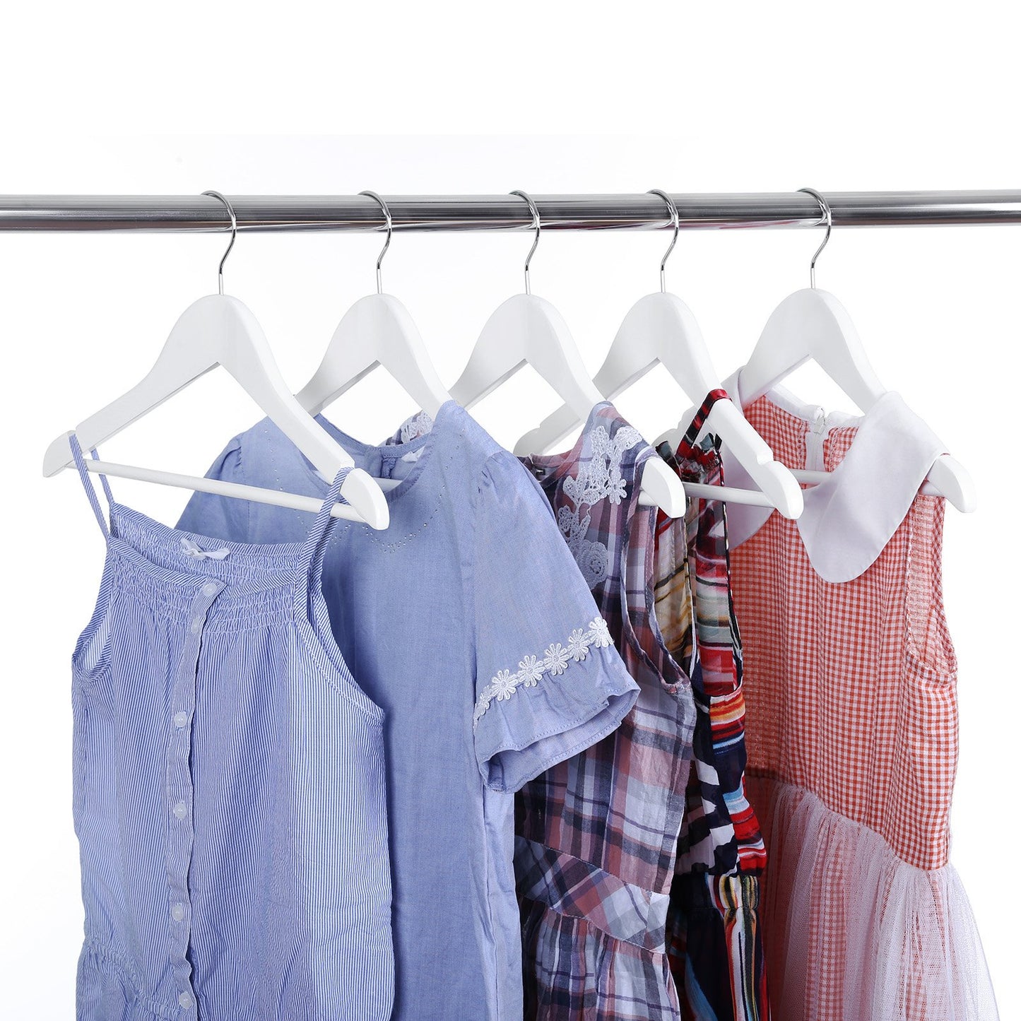 SONGMICS kids' wooden hangers, 10 pack with hanging bar, notches, 360° swivel hook, 35 cm long, White CRW006W02