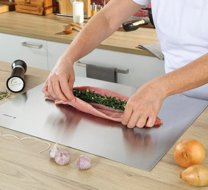 Zassenhaus stainless steel kitchen worktop 60 x 50cm, with practical edge scaling in cm, stop edge for safe working.