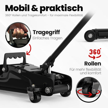AUTORIA Jack 2.5T - Low-profile hydraulic trolley jack with case, 3X rubber pads & adapter - for cars & lowered vehicles - up to 2,500 kg lifting capacity