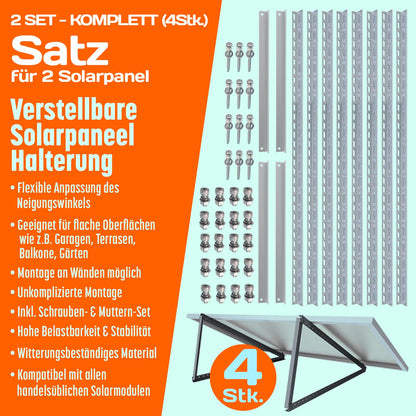 4x Solar Panel Mounting 1180mm Set for 2 Solar Panels Solar Panel Flat Roof Mounting Photovoltaic Universal Balcony Power Plant Robust Wall Flat Roof Installation, Weatherproof, PV Modules