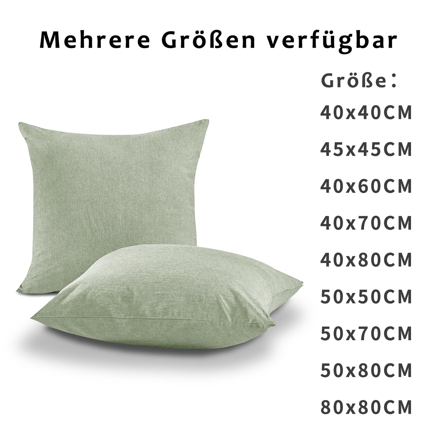 TOCOMOA 50x50 cm pillowcase set of 2 - 100% washed cotton pillowcases Oeko-TEX certified, linen look and breathable pillow cover, light green pillowcase with zipper.