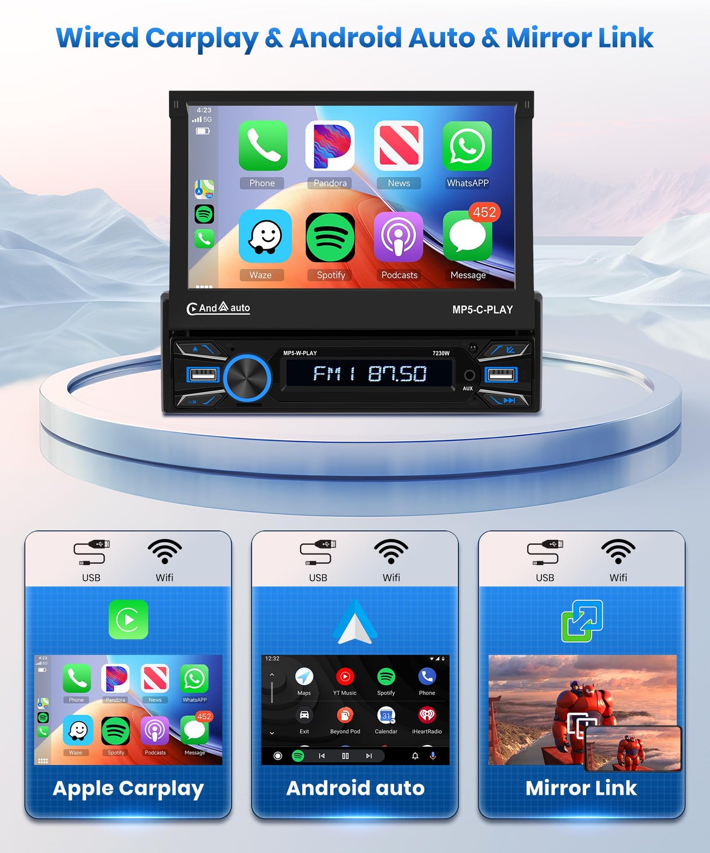 Podofo Wireless Carplay/Android Auto Car Radio 1Din with 7'' Retractable Display Automatic Screen Bluetooth 5.1 Wireless Android Auto FM 2USB/MIC/Type C/With Rearview Camera Steering Wheel Control