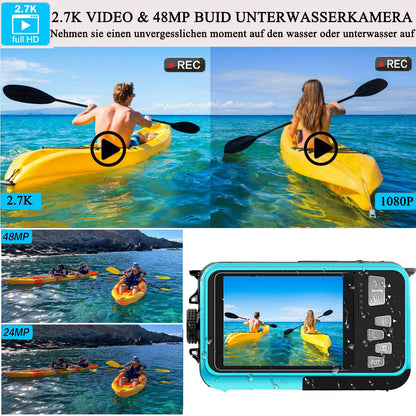 Underwater Camera Full HD 2.7K 48MP 10FT Camera Waterproof Dual Screen 16X Digital Zoom Snorkeling Waterproof Digital Camera for Selfie Underwater, Swimming, Vacation
