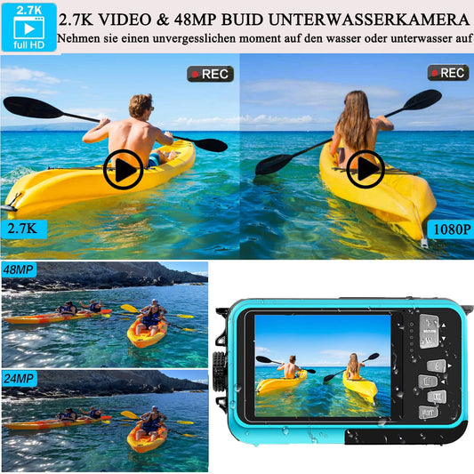 Underwater Camera Full HD 2.7K 48MP 10FT Camera Waterproof Dual Screen 16X Digital Zoom Snorkeling Waterproof Digital Camera for Selfie Underwater, Swimming, Vacation