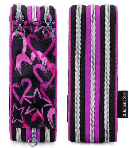 Girl 3-compartment pencil case - 45 pieces, fully filled - with 2 erasable gel pens, scissors, glue, colored pencils - ideal for school & as a gift - Julian Ross Hearts and Stars