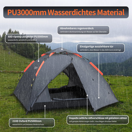 Cflity Camping Tent, 3 Person Instant Pop Up Waterproof Three Layer Automatic Dome Tent, Large 4 Season Tent with Rain-Fly 2 Expandable Porch