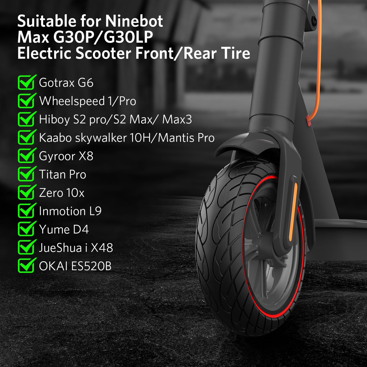 OUXI 10x2.5 Inch Replacement Solid Rubber Tires 60/70-6.5 for Ninebot G30 Max/G30D with Installation Tool for Electric Scooter Solid rubber tires, 10x2.5 replacement wheels, heavy-duty scooter tires (Red Line 2 Pack)