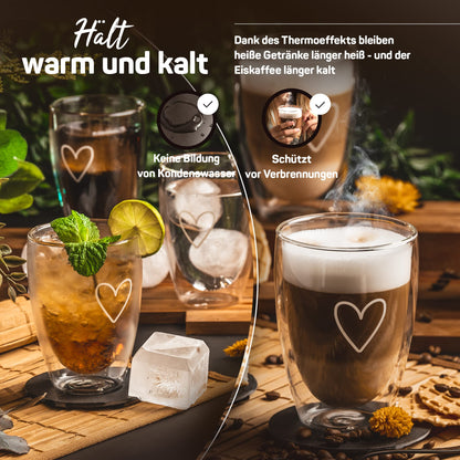 ElbFuchs® Latte Macchiato glasses double-walled [4x 350ml] GIFT IDEA with HEART | Crystal clear thermal glasses double-walled | Ideal for cappuccino glasses | Coffee glasses | Tea glasses