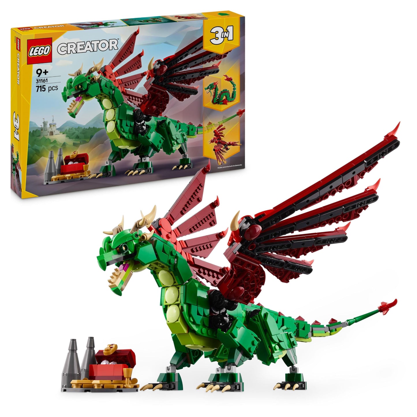 LEGO Creator 3in1 Green Dragon - Toy - Rebuildable into Toy Sea Serpent or Phoenix Figure - Animal Building Toy for Kids - Birthday Gift for Boys and Girls 9+ years 31161
