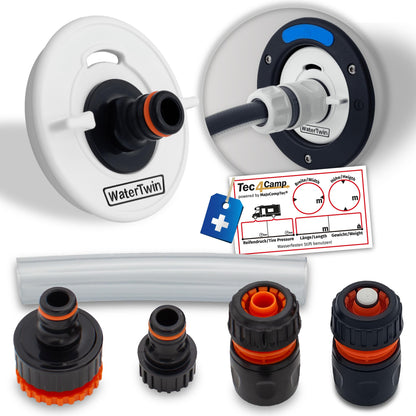 MaJoCompTec® WATERTWIN tank cap with water connection | water tank cap filling adapter for water inlet ports | motorhome caravan accessory (ECO version + starter set, adapter 3-PIN D:78)