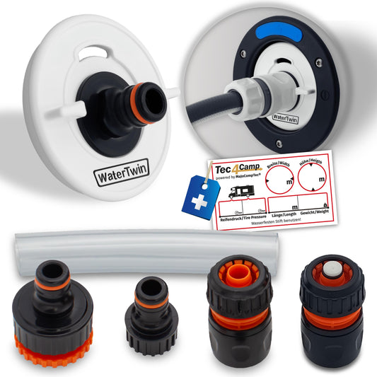 MaJoCompTec® WATERTWIN tank cap with water connection | water tank cap filling adapter for water inlet ports | motorhome caravan accessory (ECO version + starter set, adapter 3-PIN D:78)