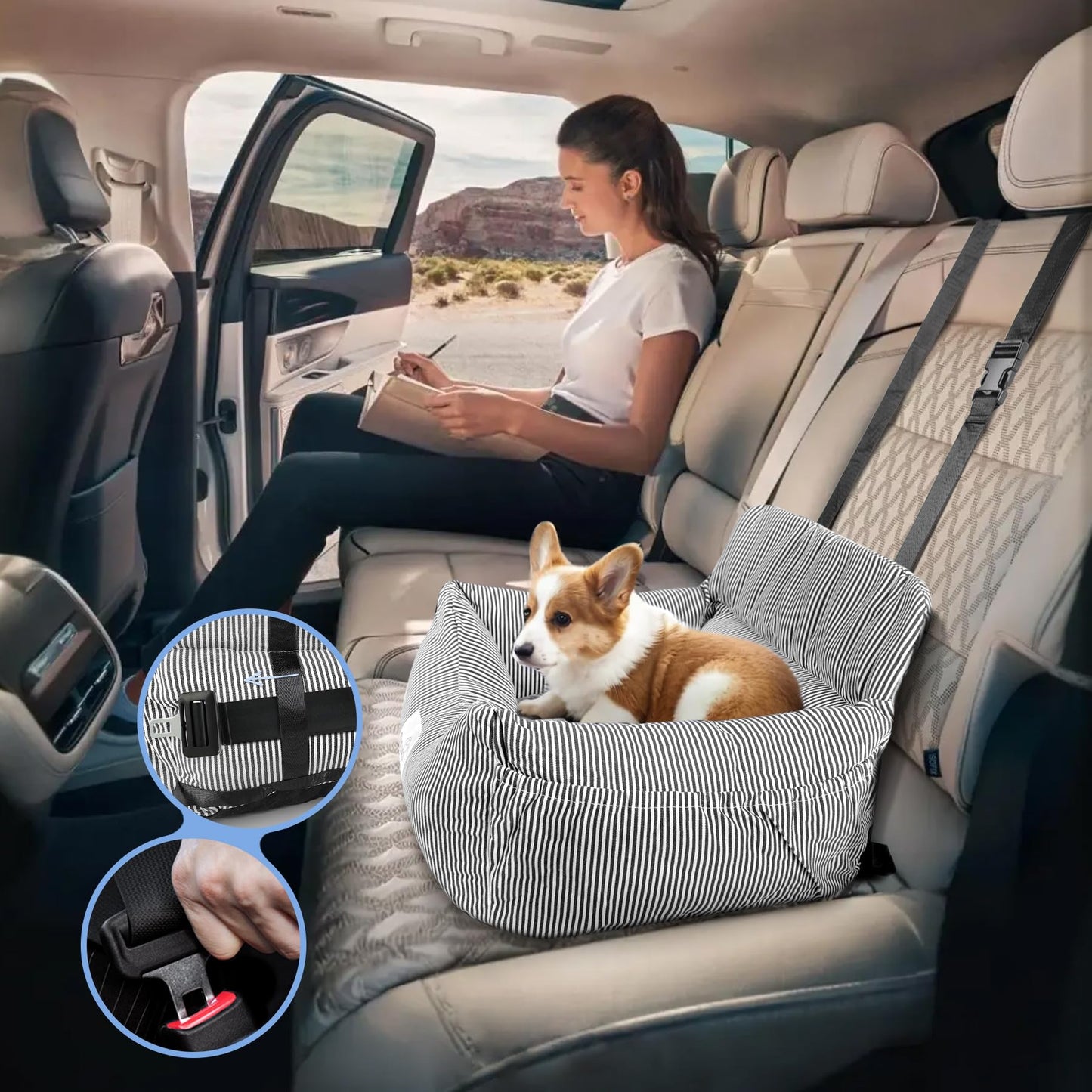CALIYO dog car seat with sturdy base & safety belt | dog car seat for small up to 10 kg | memory foam seat cushion | waterproof, washable dog basket with storage bag (black/white)