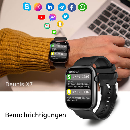 Deunis X7 Smartwatch 1.96 inch for Women Men with phone function and notifications, compatible with Android and iOS, sleep monitor, pedometer, fitness tracker (Black)