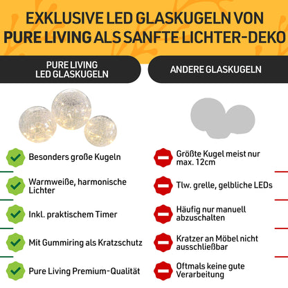 PURE LIVING INTERIOR DESIGN LED ball light 3-piece set, ball with timer, light balls with battery warm white as decorative light battery operated, glass ball as window sill decoration, lights decoration, window sill