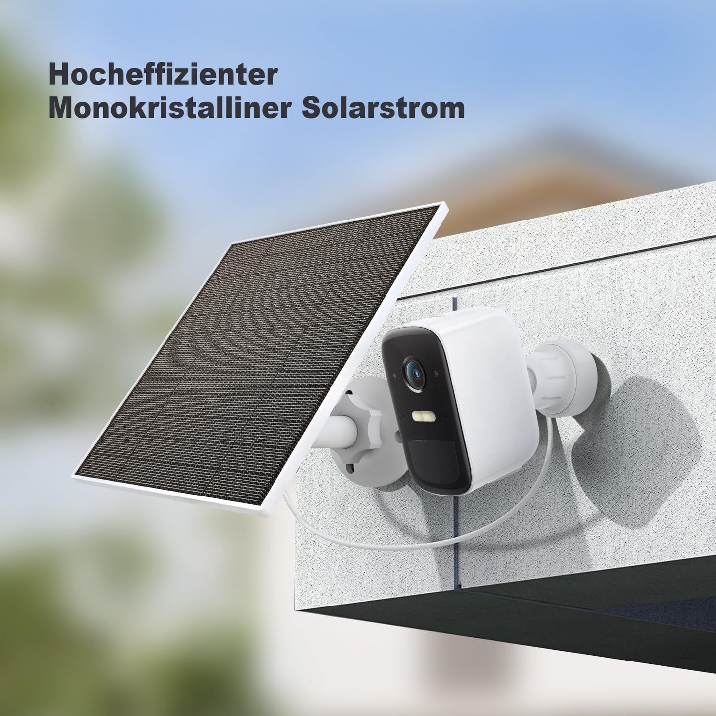 Solar panel for Eufy camera, 5W solar panel compatible with Eufycam 3/3C/2/2 Pro/2C/2C Pro/E/E20/E40/L20/L40. Features 5V output with USB-C connection, micro USB adapter, and IP65 waterproof rating.