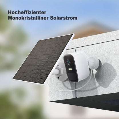 Solar panel for Eufy camera, 5W solar panel compatible with Eufycam 3/3C/2/2 Pro/2C/2C Pro/E/E20/E40/L20/L40. Features 5V output with USB-C connection, micro USB adapter, and IP65 waterproof rating.