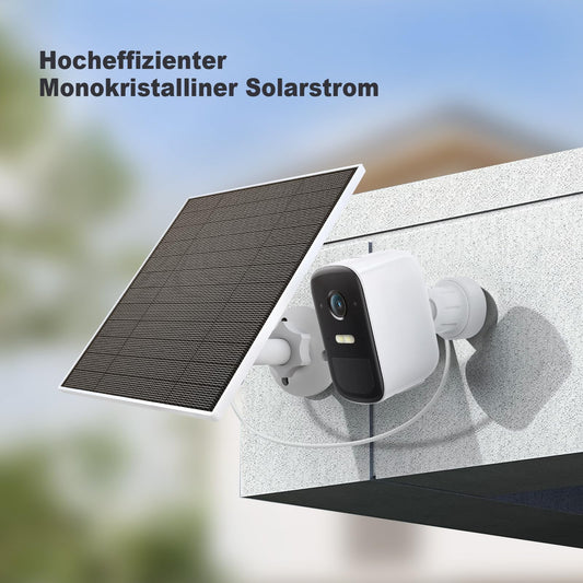 Solar panel for Eufy camera, 5W solar panel compatible with Eufycam 3/3C/2/2 Pro/2C/2C Pro/E/E20/E40/L20/L40. Features 5V output with USB-C connection, micro USB adapter, and IP65 waterproof rating.