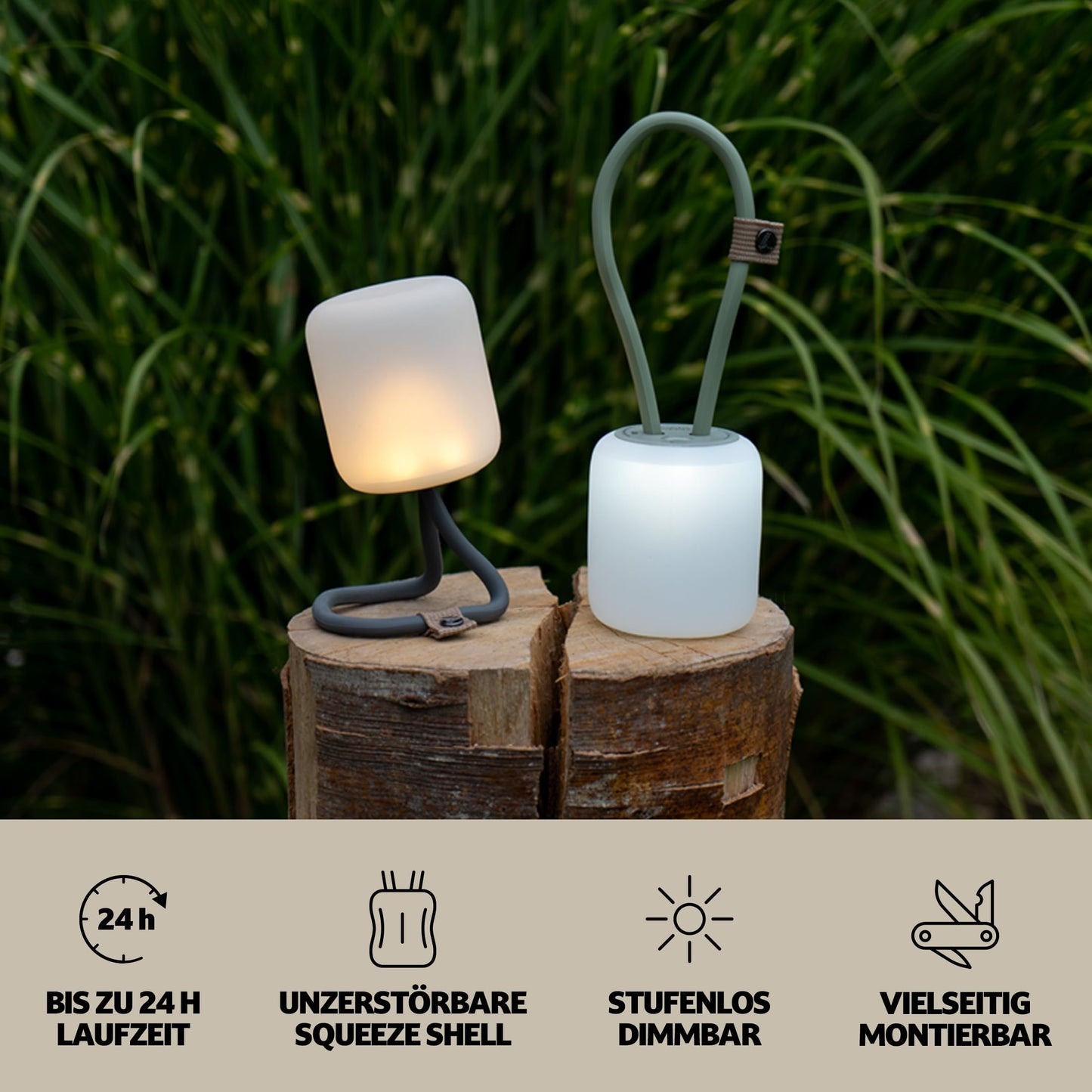 Campo Libre.® LENI I Camping Lantern I versatile outdoor light for hanging, standing, and mounting I dimmable camping light I rechargeable I balcony light, camping lantern, table lamp, square Grey