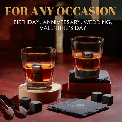 Whiskey gift set - whiskey glasses, stones, coasters, ice tongs, wooden box, history and recipe cards, velvet bag - accessory set, gift for men, husband, from Royal Reserve