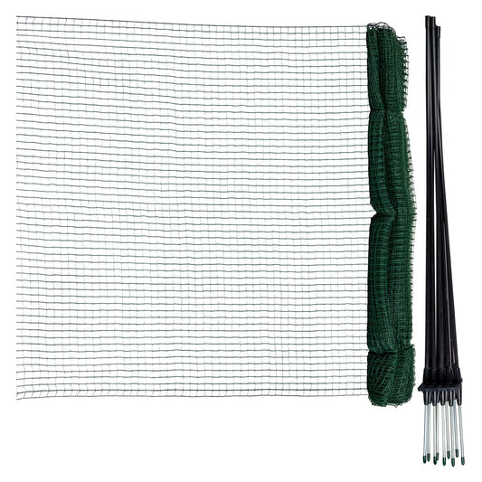 Horizontal boundary fence FLEX, 15m long & 90cm high, close-meshed, mobile special fence with 9 separate fiberglass posts, garden net, dog fence, barrier fence, for camping.